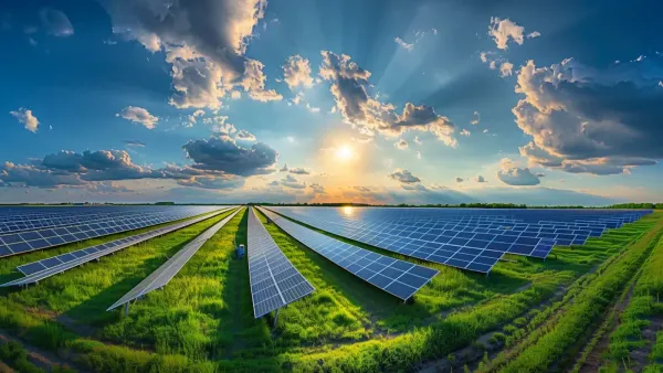 Countryside renewable energy solar farm at sunset