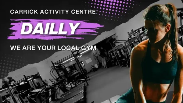 Carrick Activity Centre. Black and white gym photo, with girl working out, image right.
