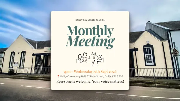 Dailly Community Monthly Meeting September 2026 Notification. Dailly Hall Background.