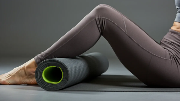 Close-up of legs in grey leggings resting on a rolled yoga mat with a green core.