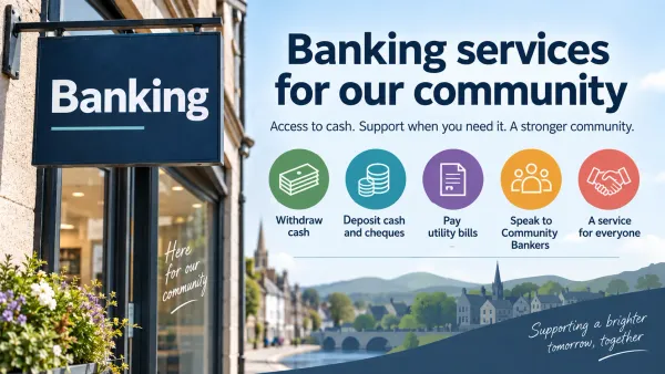 Banking services building on the left overlooking a rural town.