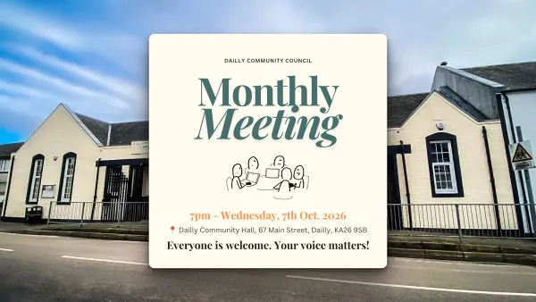 Dailly Community Monthly Meeting October 2026 Notification. Dailly Hall Background.