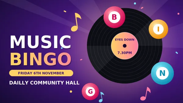 Music Bingo creative for Dailly event 6th November 2026